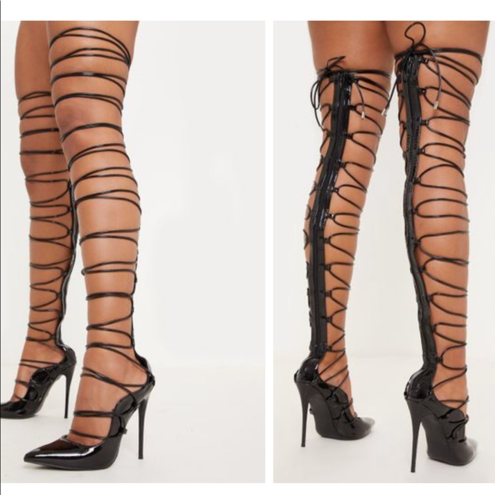 Strappy thigh high 4.5” heels black patent leather